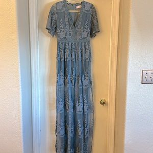 Pink Lily blue lace long length v-neck romper.